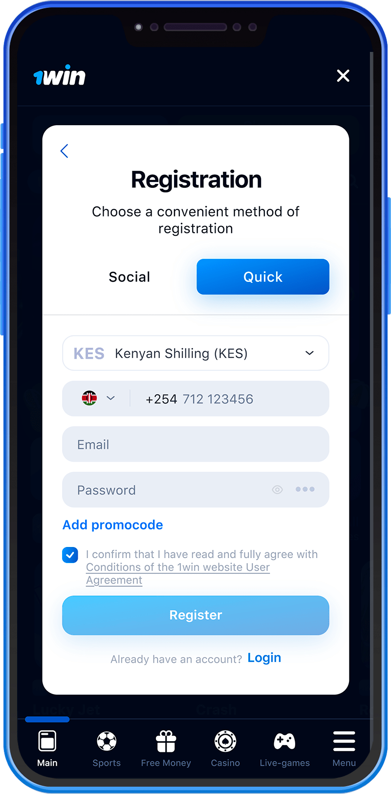 Registering for the 1win app in Kenya