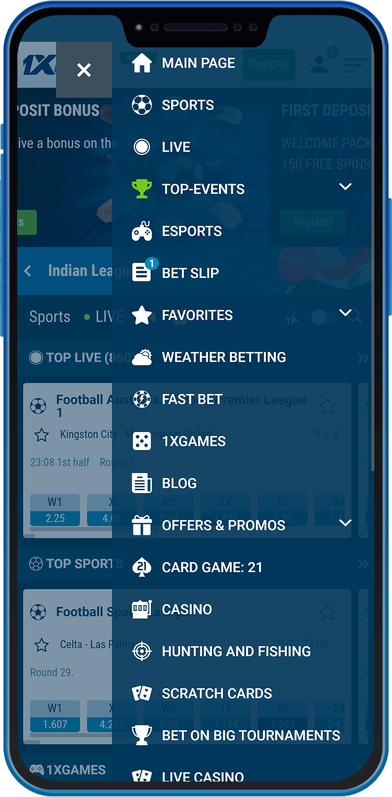 Main menu of the 1xBet app in Kenya