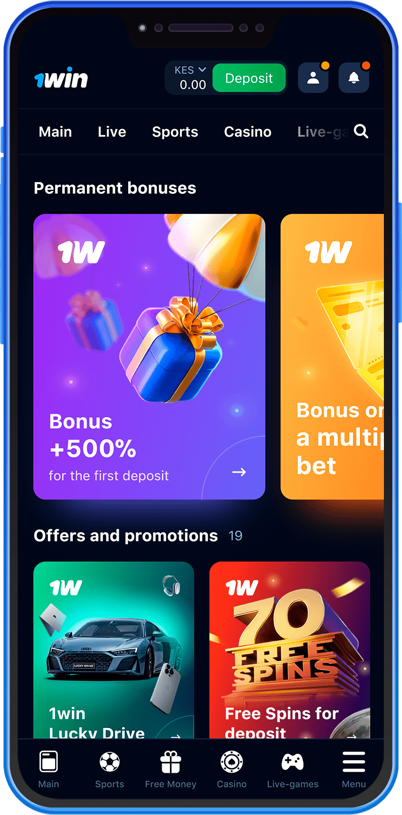 Promotions and bonuses section of the 1win mobile app in Kenya