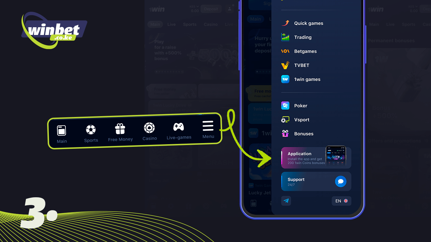 Go to the main menu to download 1win app on android