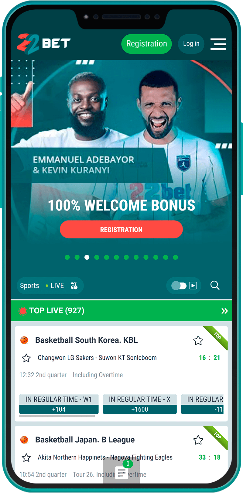 22Bet Kenya app home page