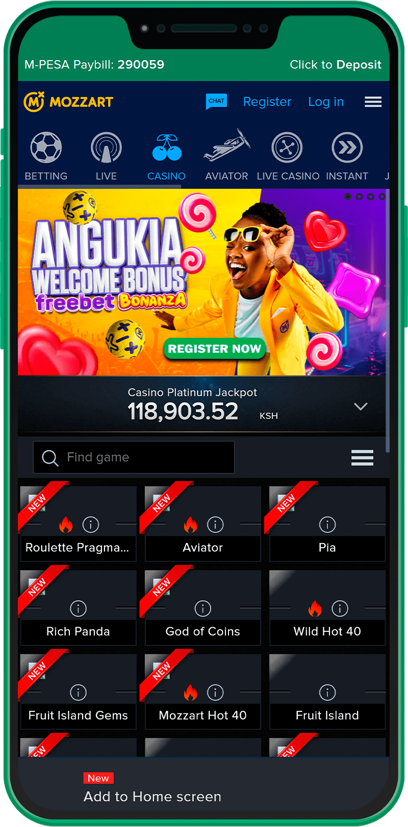 Casino section of the Mozzartbet mobile app in Kenya