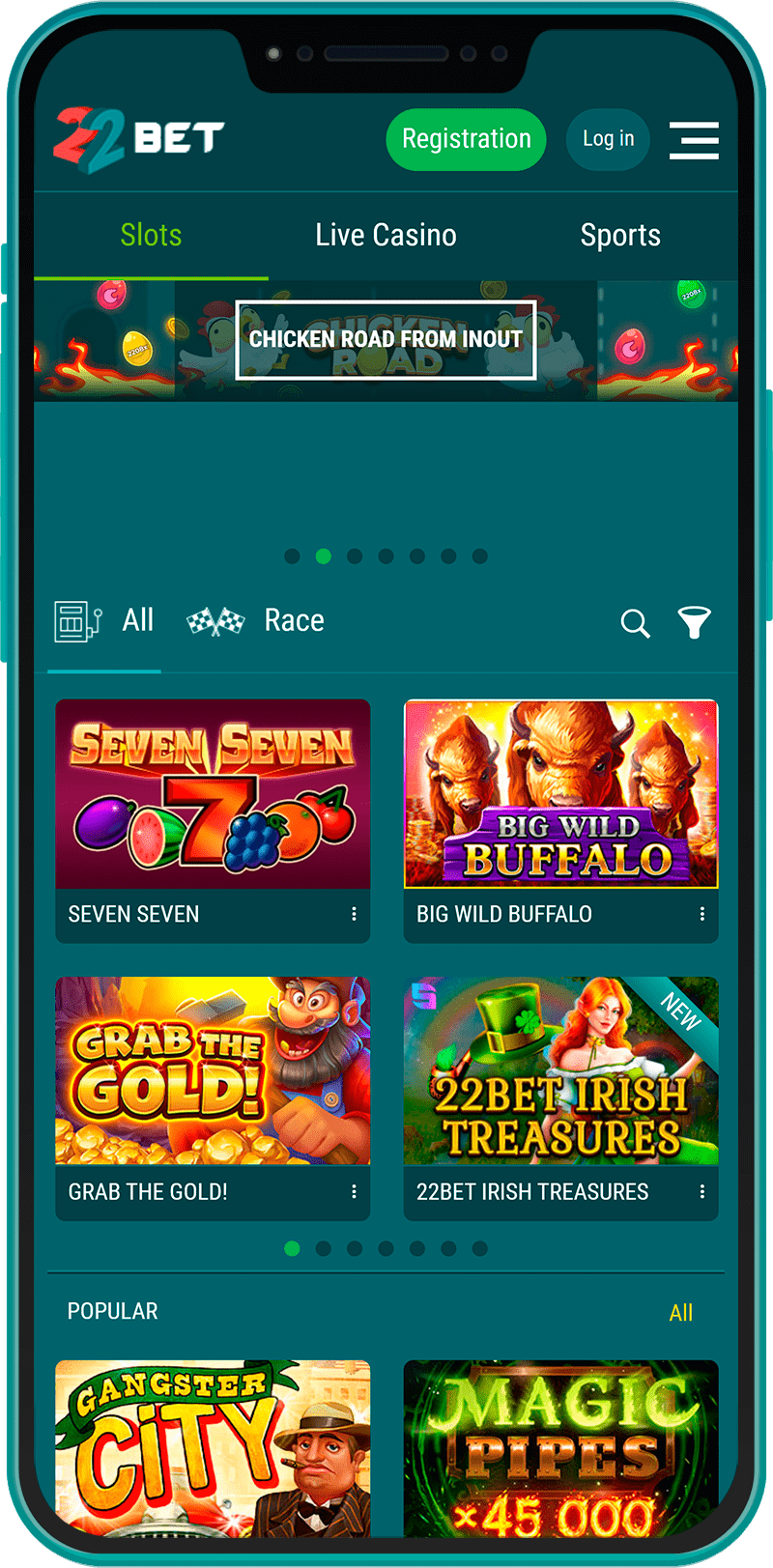 Casino section of the 22Bet mobile app in Kenya