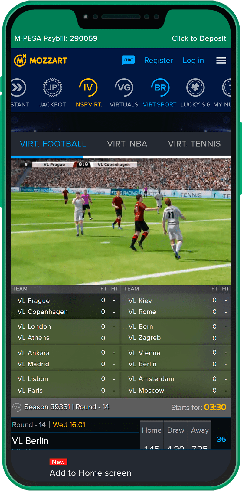 Virtual Sports section of the Mozzartbet mobile app in Kenya