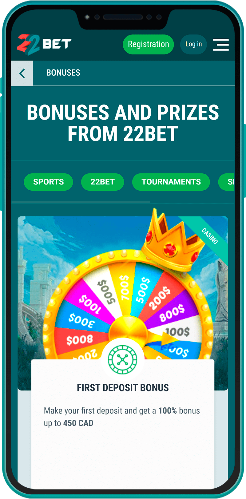 Promotions and bonuses section of the 22Bet mobile app in Kenya