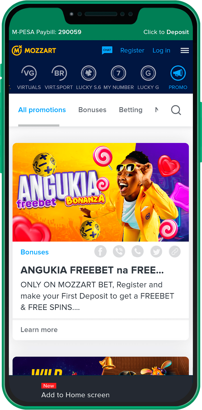 Promotions and bonuses section of the Mozzartbet mobile app in Kenya