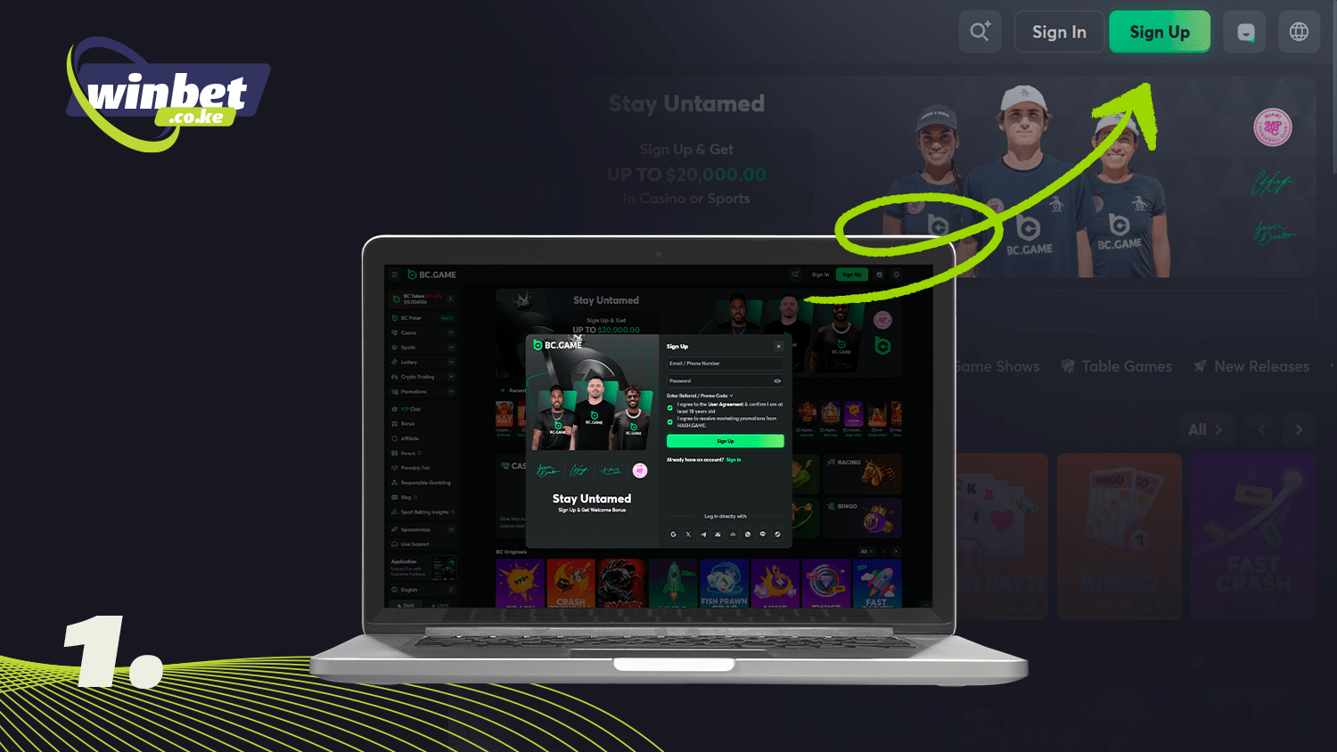 Click the button to start registration in BC.Game