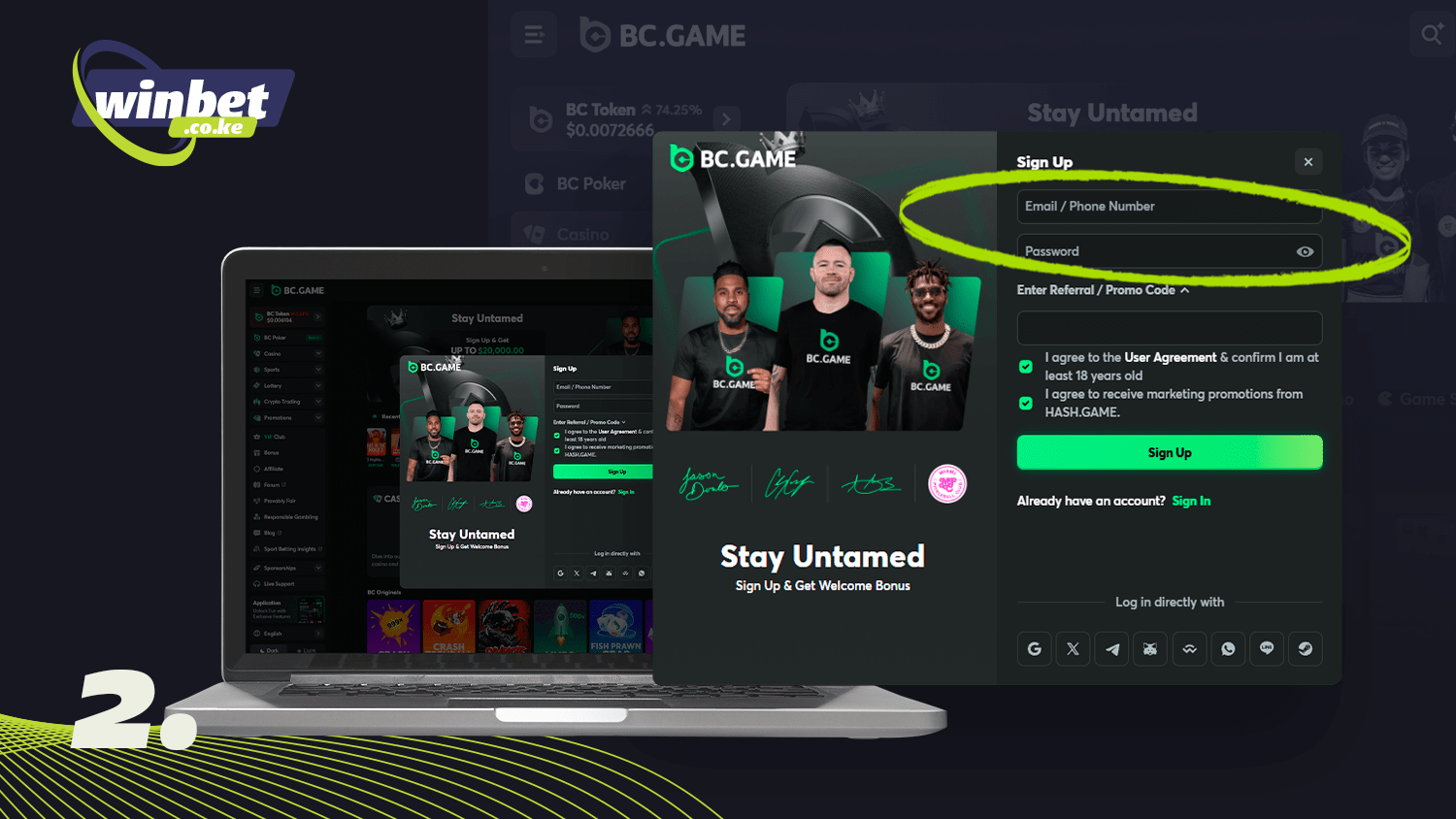 Fill in the fields to register with BC.Game