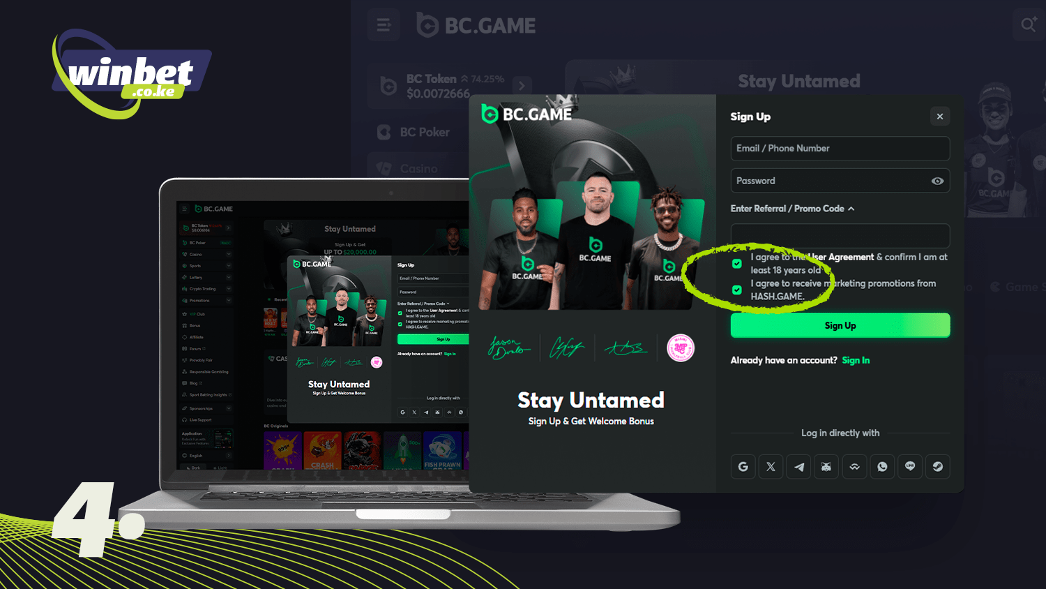 To register with BC.Game, agree to the terms and conditions
