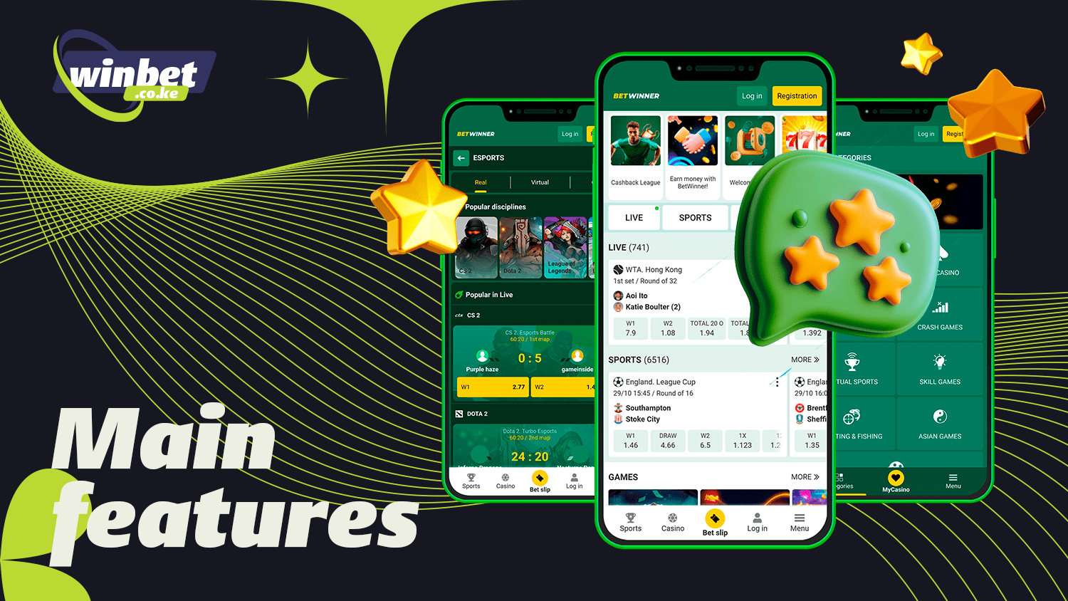 Betwinner app with multiple betting categories and casino games
