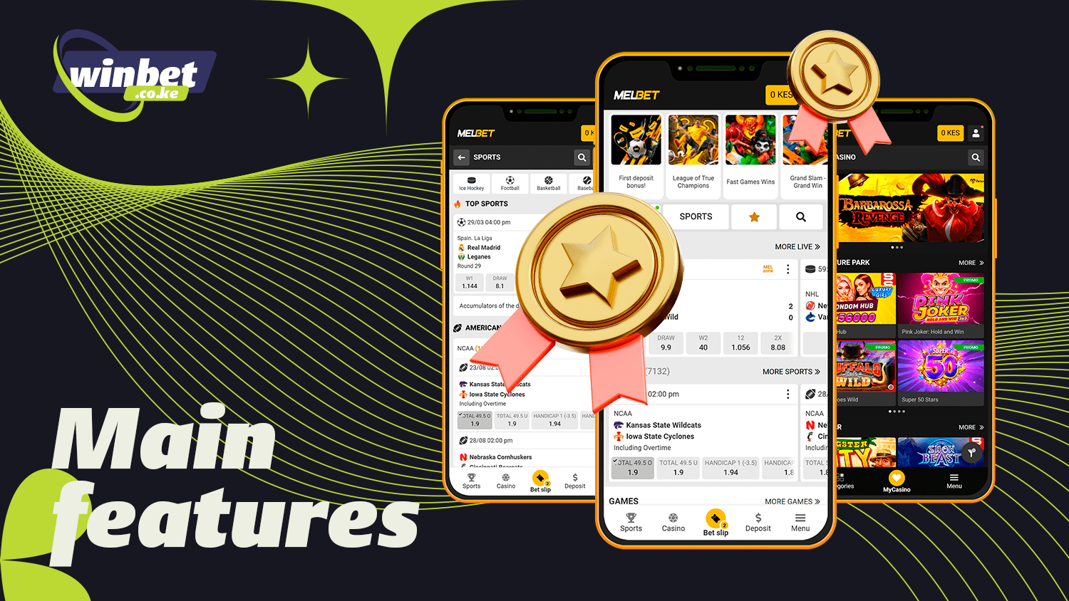 Melbet&nbsp;app with multiple betting categories and casino games