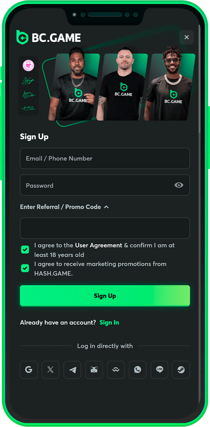 Registration in the mobile application BC.Game
