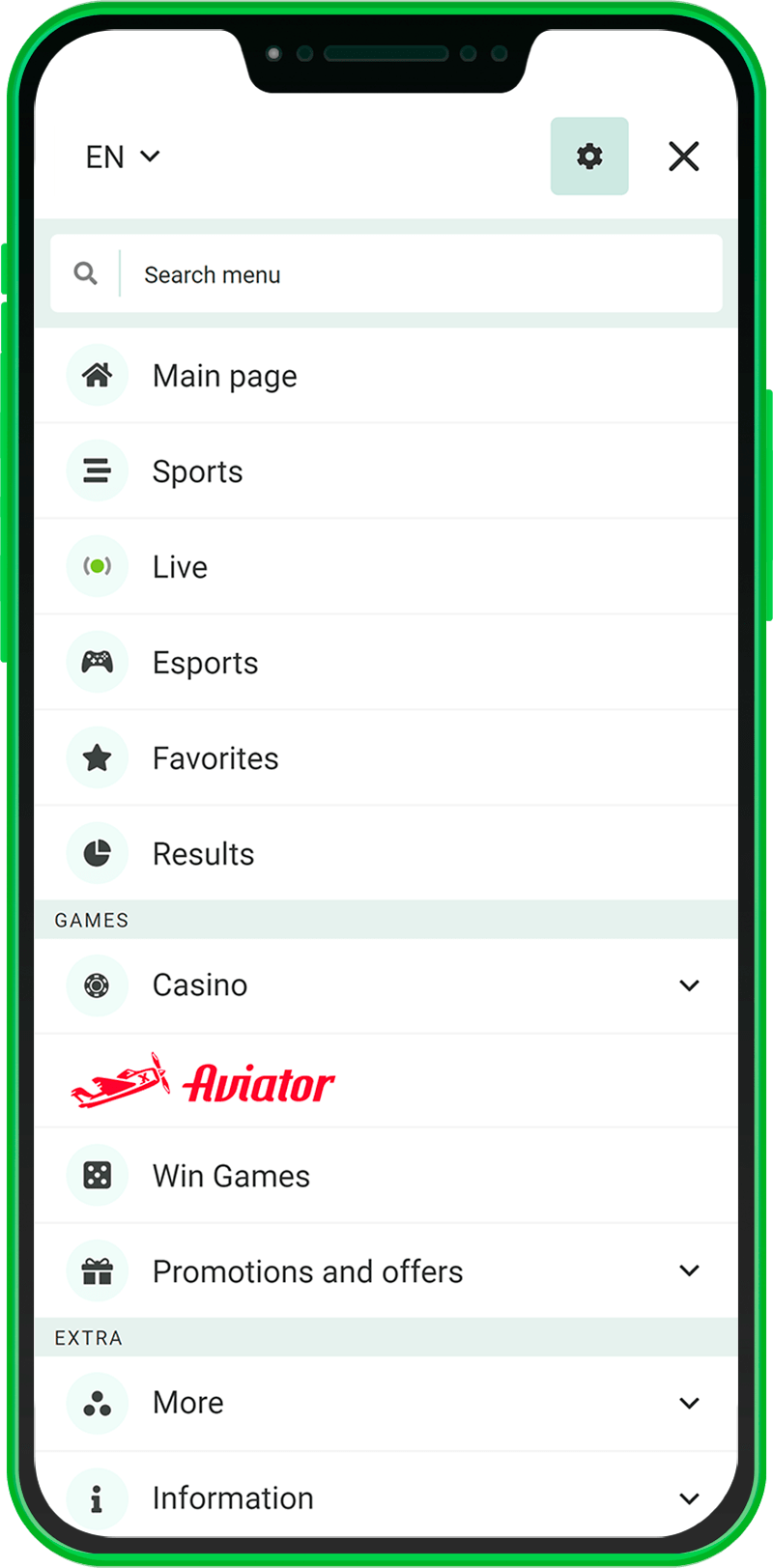 Main menu of the Betwinner app in Kenya
