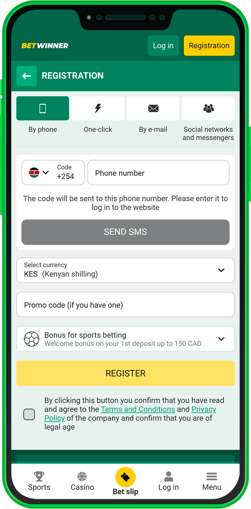 Registration in the mobile application Betwinner
