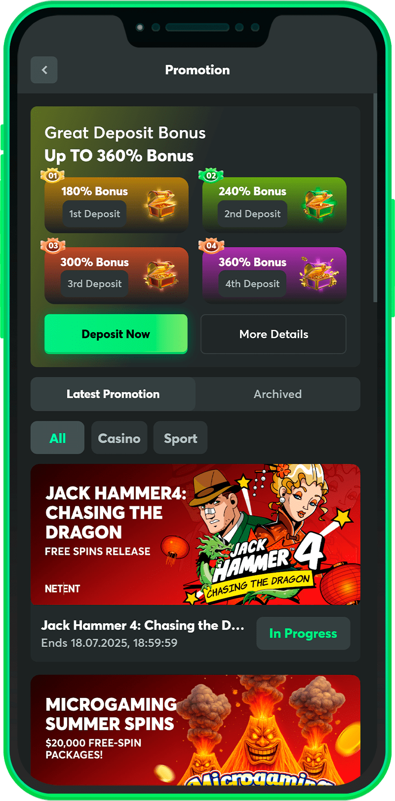 Promotions and bonuses section of the BC.Game mobile app