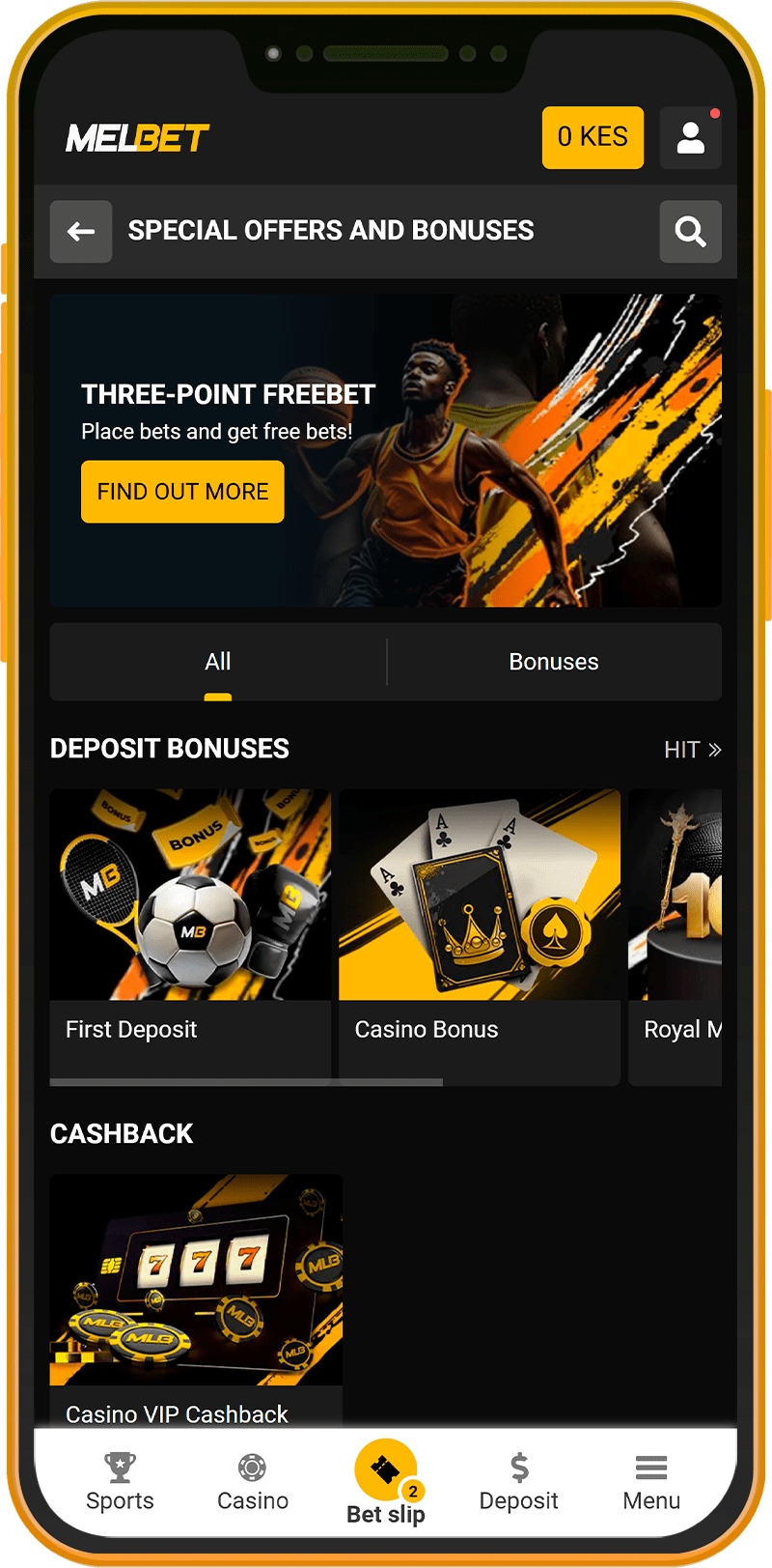 Promotions and bonuses section of the Melbet mobile app in Kenya