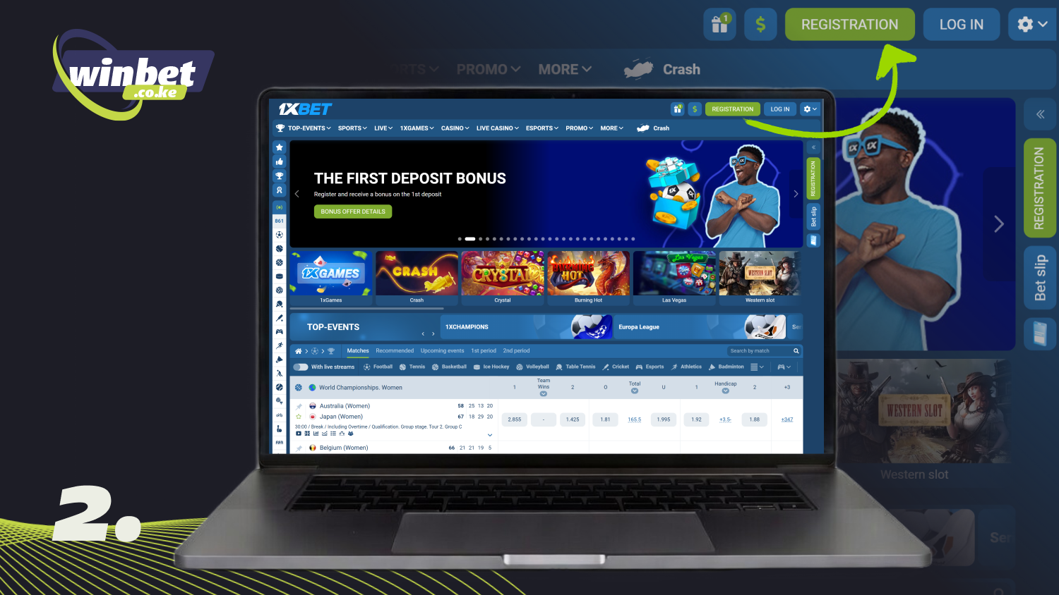 Click on the green Registration button to create a 1xBet account in Kenya
