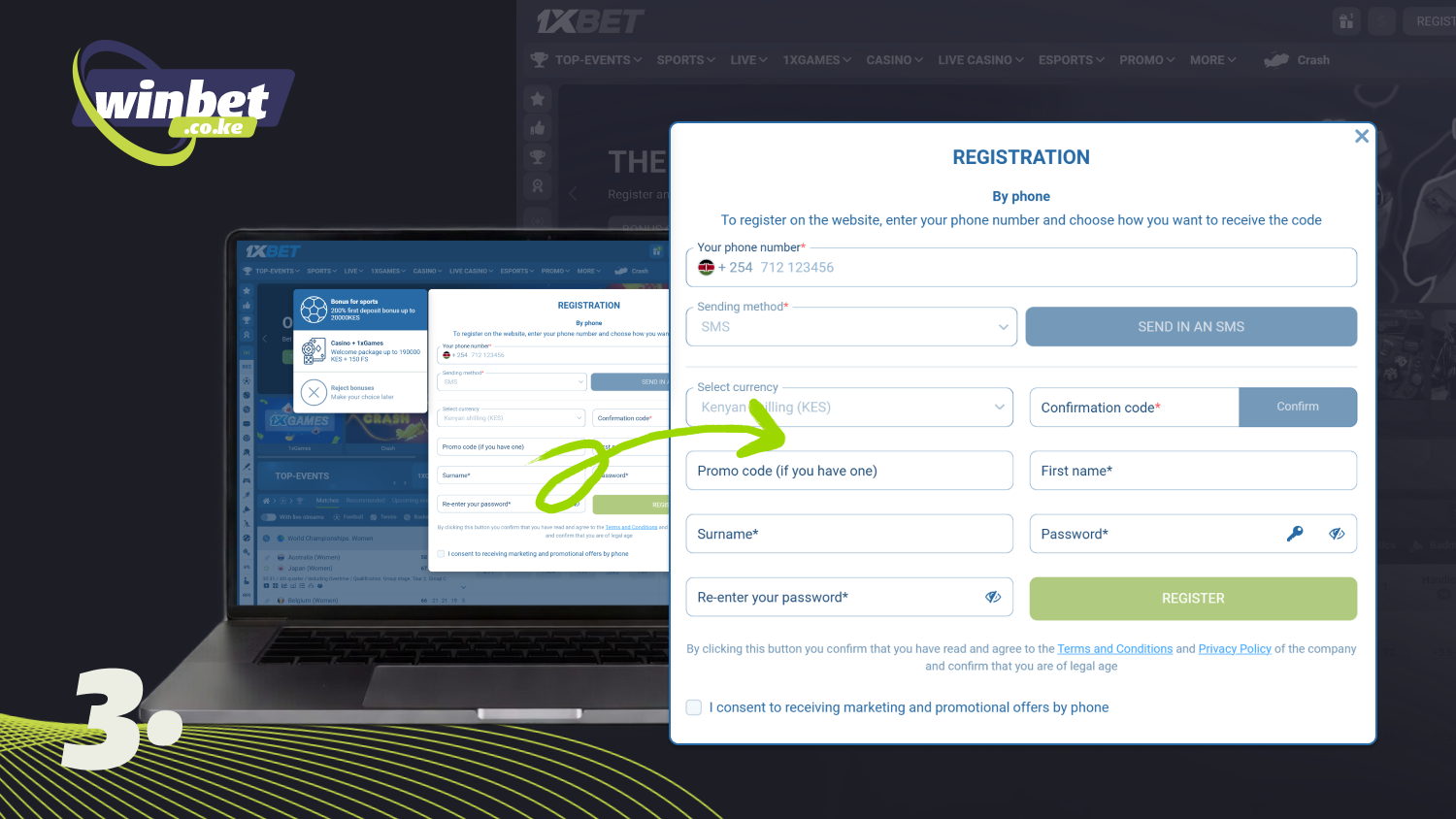 Enter the required information in the registration form on 1xBet