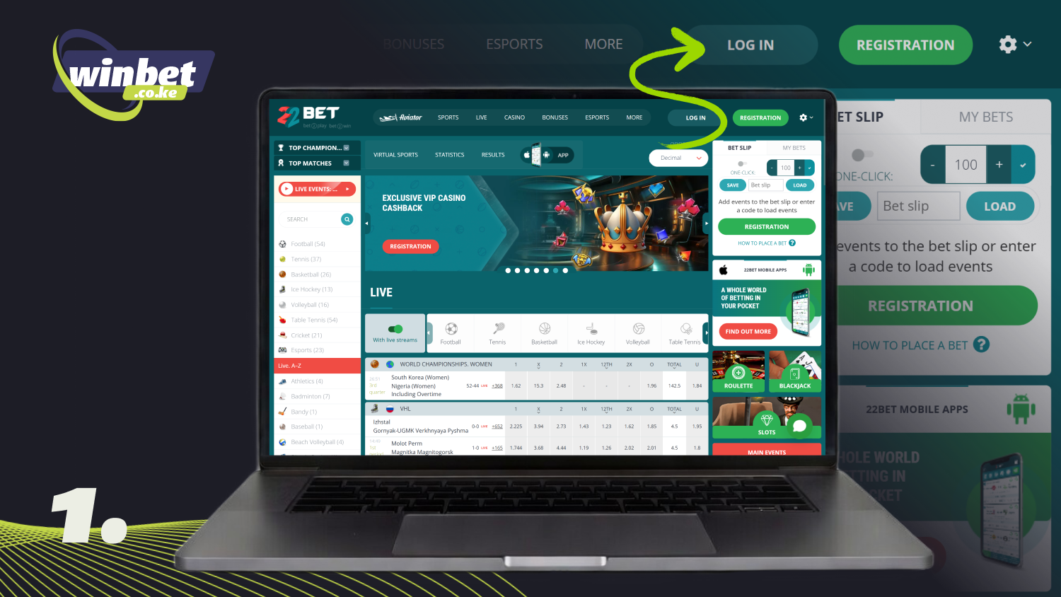 Open the 22Bet Kenya website or app and click on the Login button
