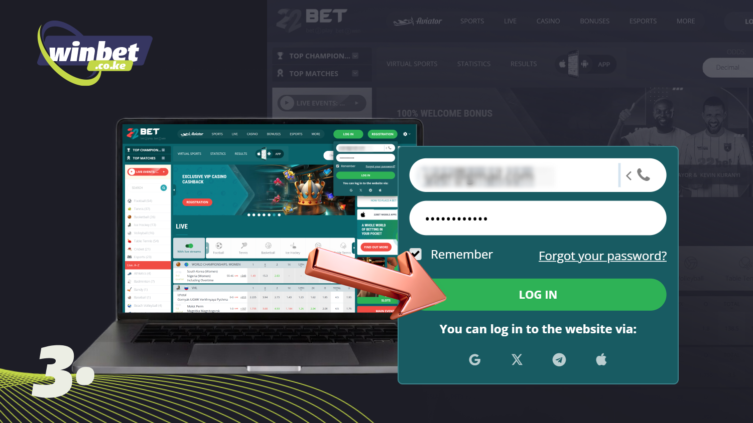 Click on the Login button and start betting and playing at the 22Bet Kenya casino