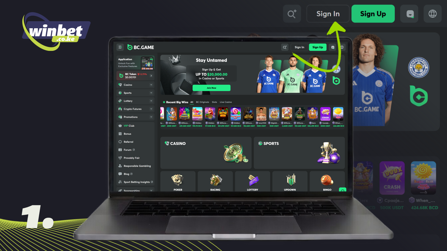 Open the BC Game Kenya website or app and click the Login button at the top of the screen