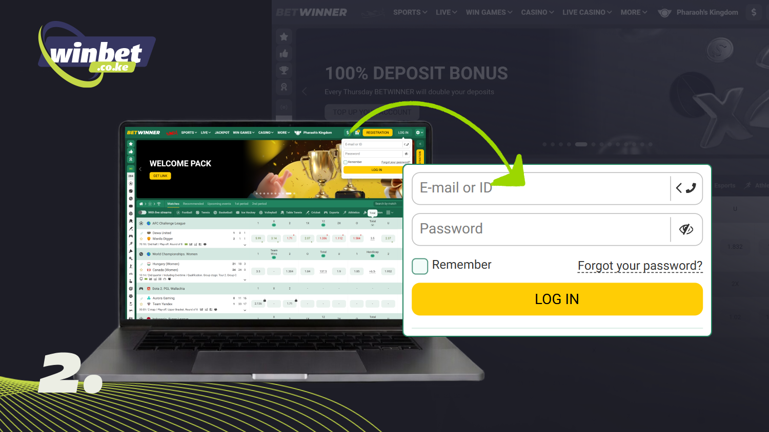 Enter your account details and password to log in to Betwinner Kenya