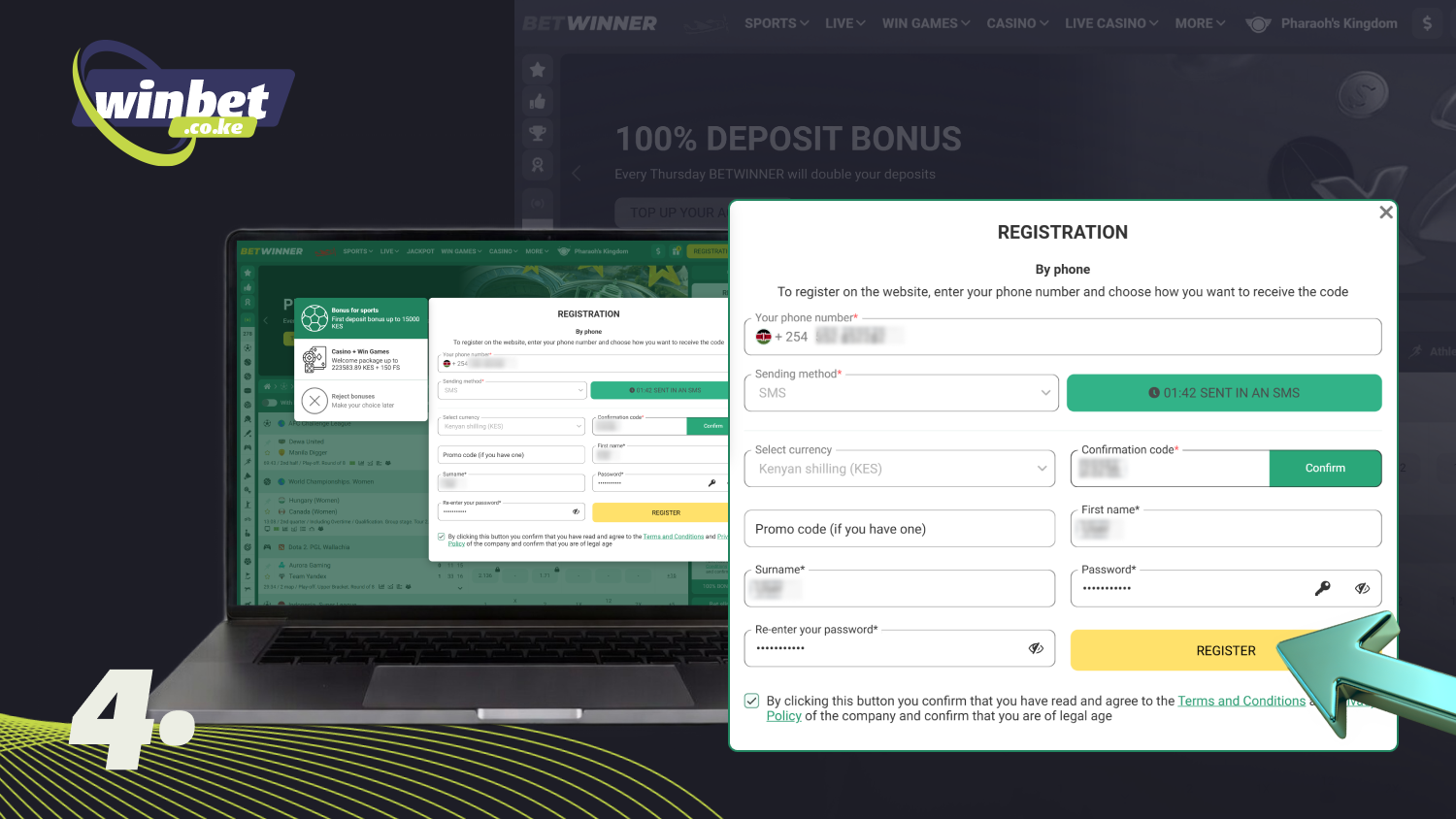 Agree to the site rules and Privacy Policy and click Register to create an account on Betwinner Kenya