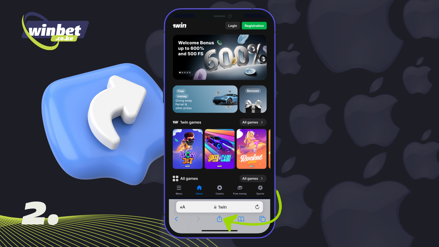 On 1win Kenya, find the Share button at the bottom of the window and click on it to download the iOS app