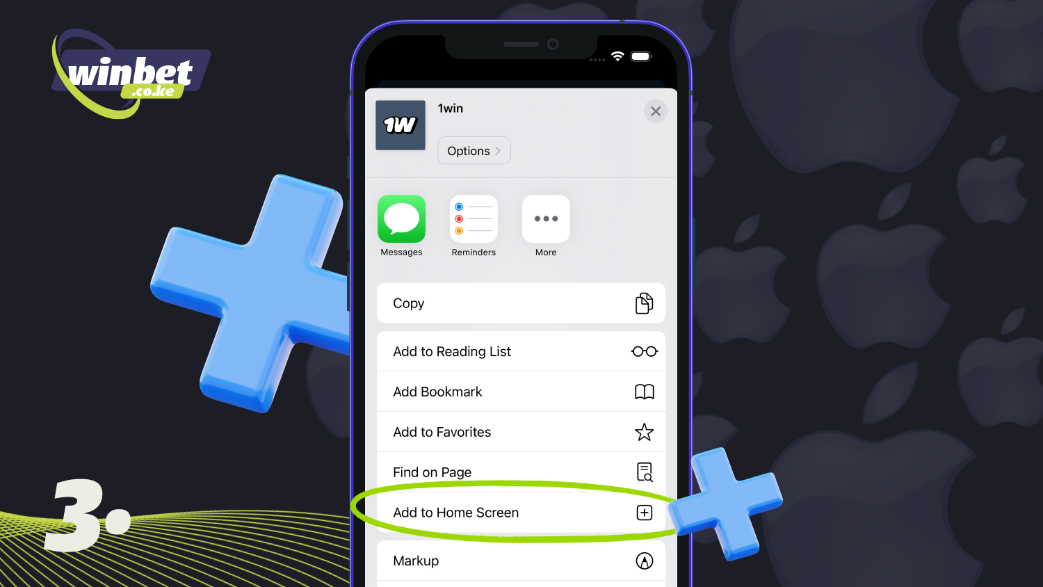 Select Add to Home Screen, then click on it to download the 1win iOS app