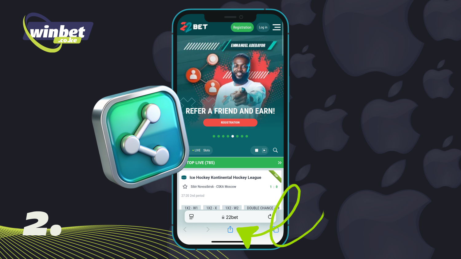 Find the upward-pointing arrow icon at the bottom of the page and tap it to start downloading 22bet for iOS