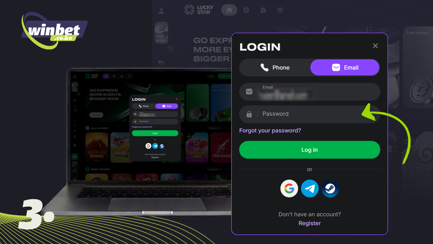 Enter your account password to log in to Lucky Start