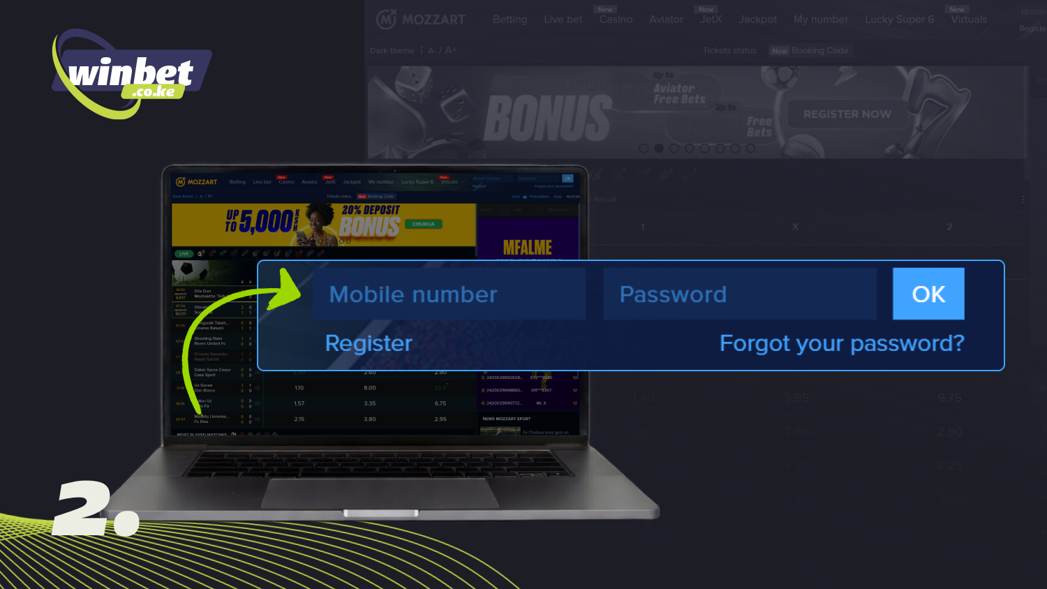 At the top of the website page, fill in the fields with your phone number and password to log into your Mozzartbet account