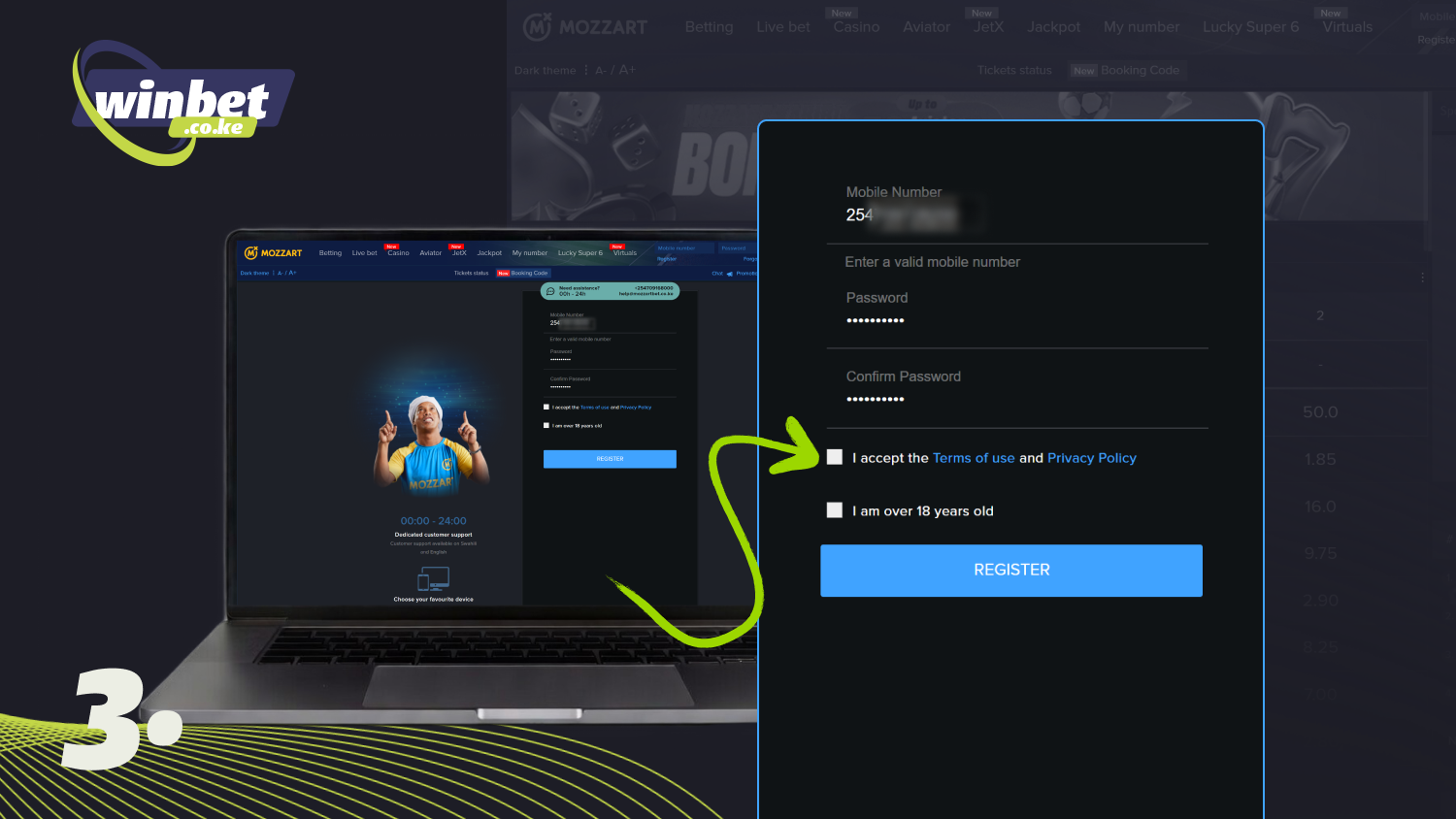 Confirm your age and accept all Mozzartbet rules to create an account