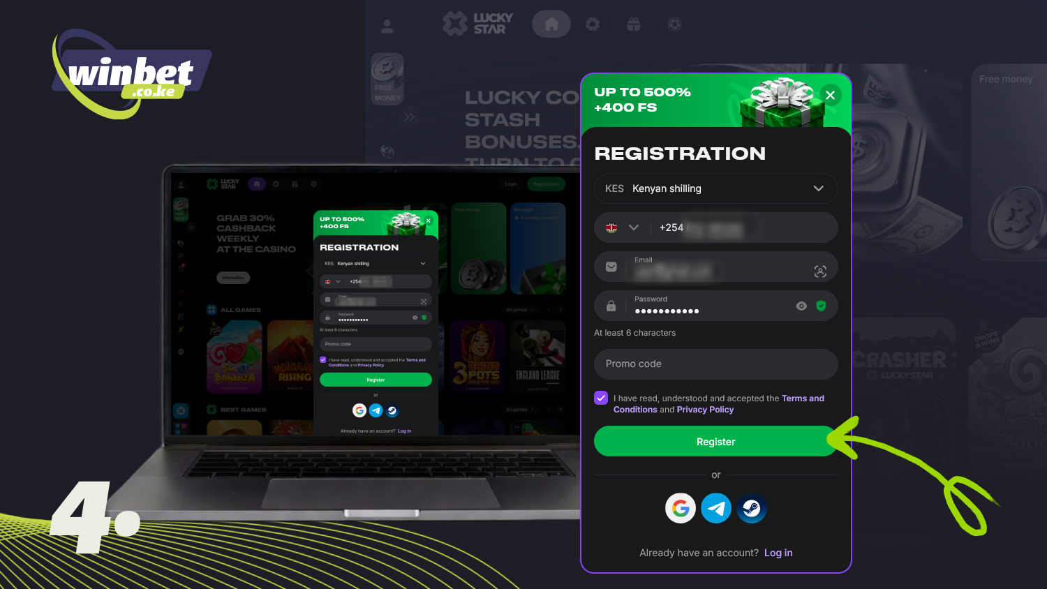 Complete the Lucky Star account creation process by clicking Register