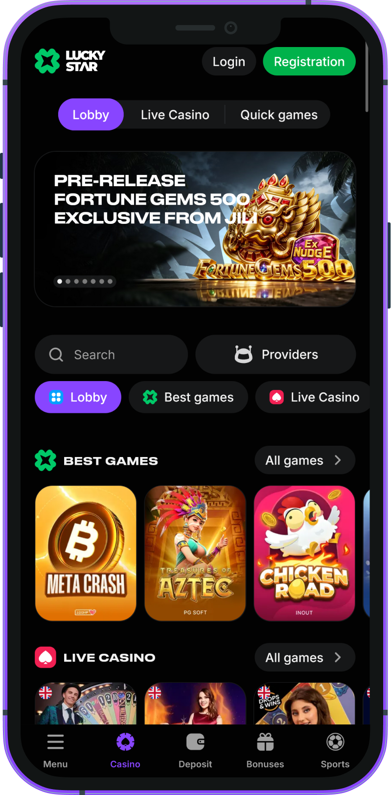 Casino section in the mobile application Lucky Star