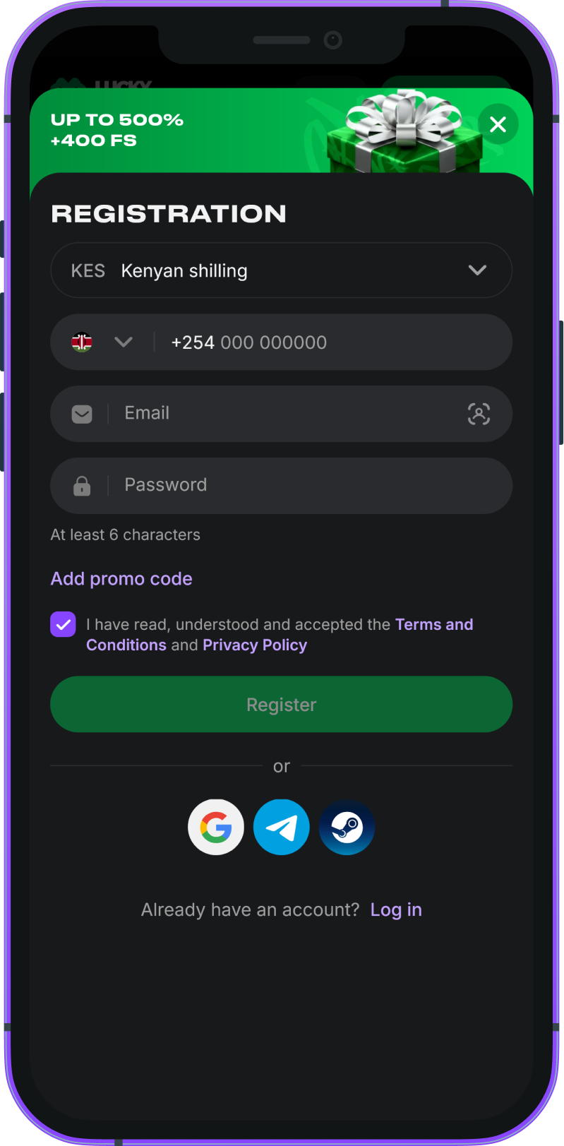 Registration in the mobile application Lucky Star