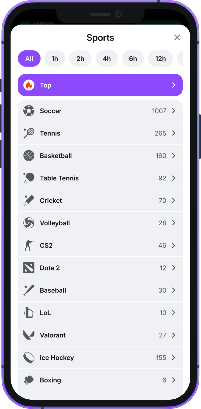 Sports betting options in the mobile application Lucky Star