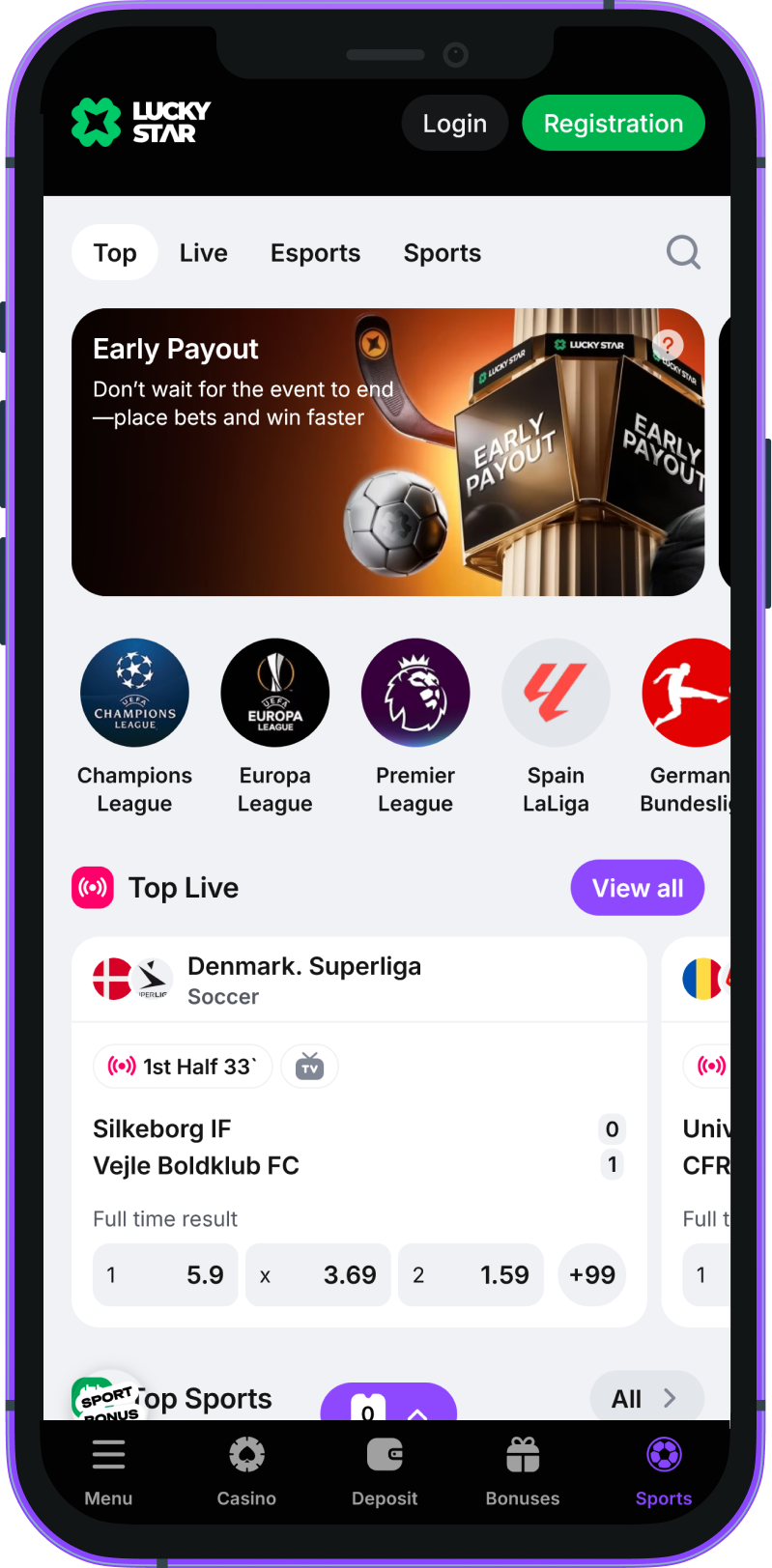 Sports betting section in the mobile application Lucky Star