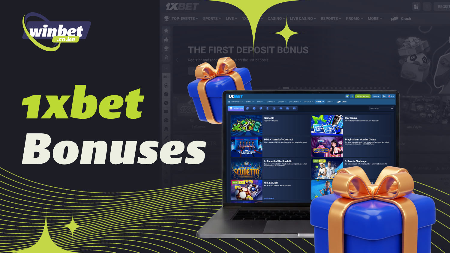 1xbet bonuses in Kenya include welcome bonuses, casino and sports promotions for players