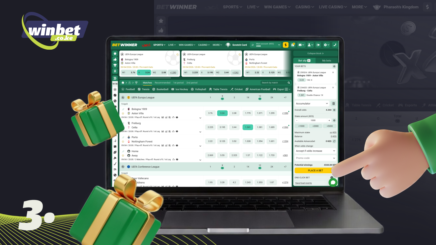 Place a sports bet or play at the casino to meet the Betwinner bonus wagering requirements