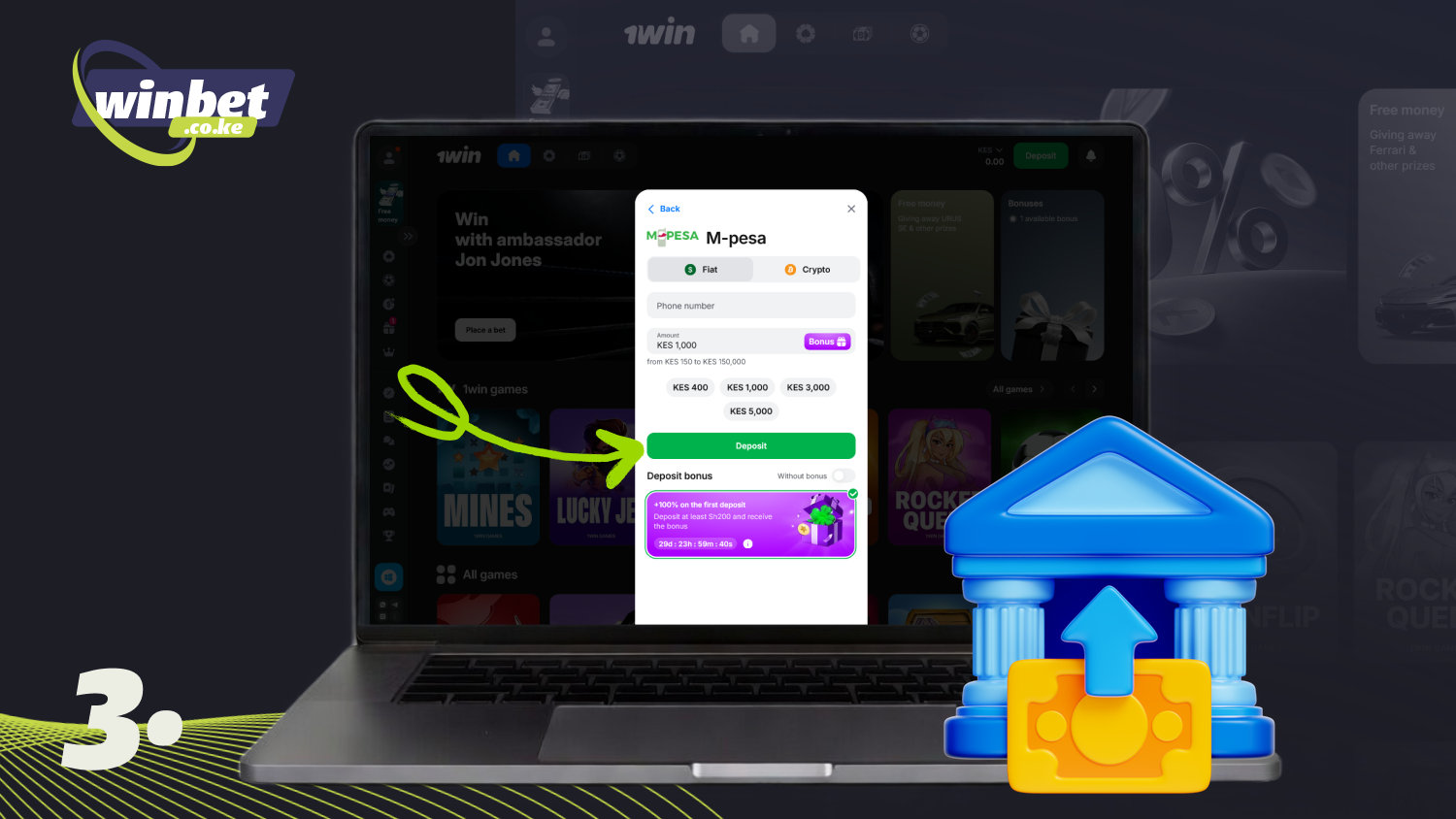 Enter the deposit amount and confirm the transaction to receive the 1win bonus