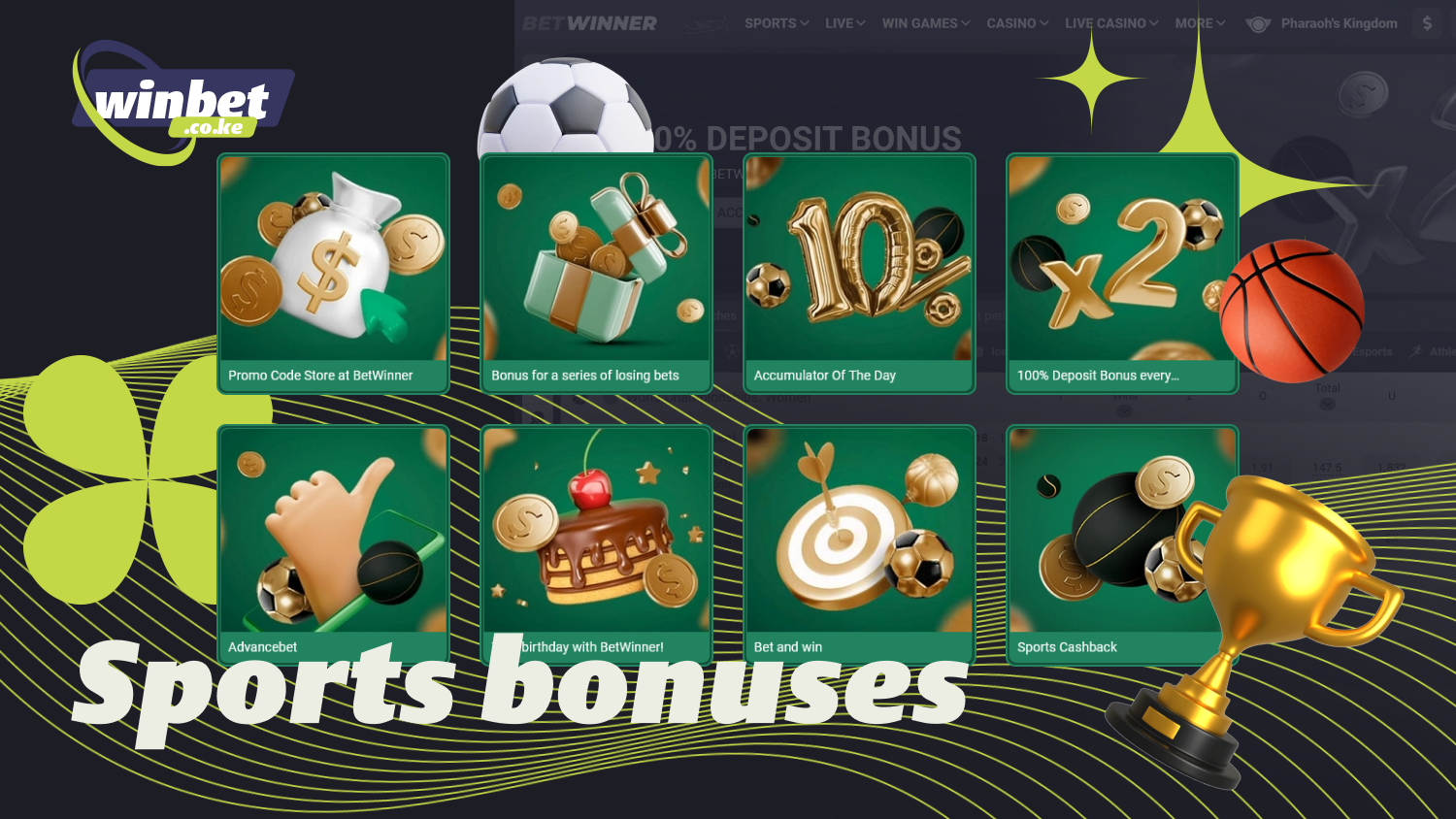 Betwinner Kenya offers regular sports bonuses, including deposit bonuses, cashback, and free bets